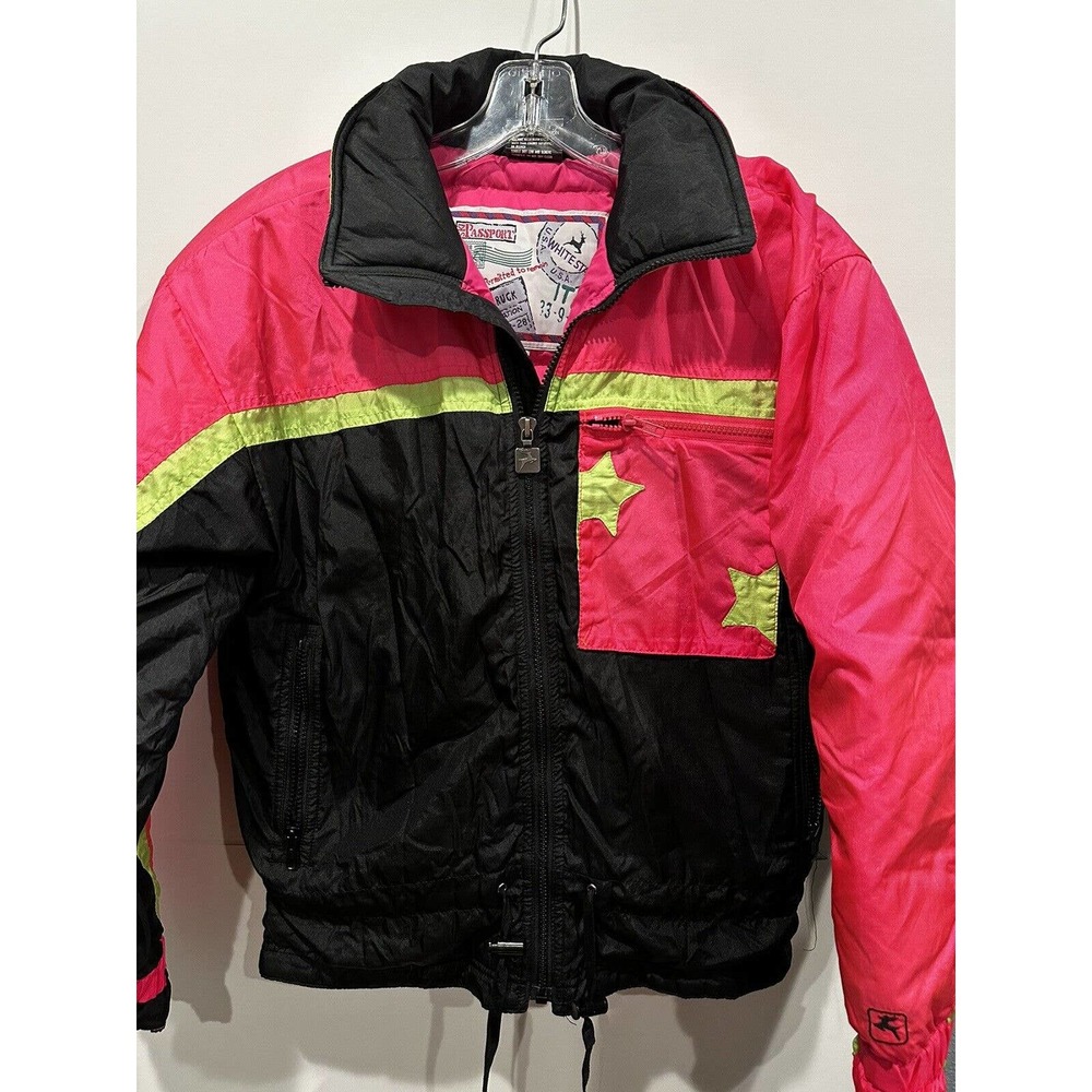 Vtg White Stag Nylon Ski/Snowboard Jacket Women’s Sz Medium Black Pink Art Deco